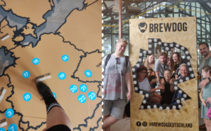 Auf der ersten Etage der BrewDog Halle: Das BrewDog Beer Museum mit einer Landkarte der Standorte und einer Fotowand.